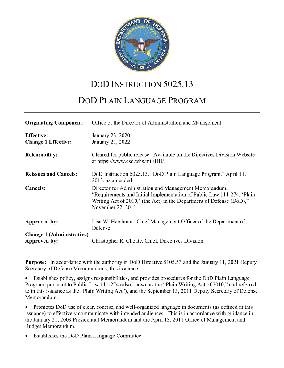 DoDI 5025.13 国防部通俗语言计划.pdf_第1页