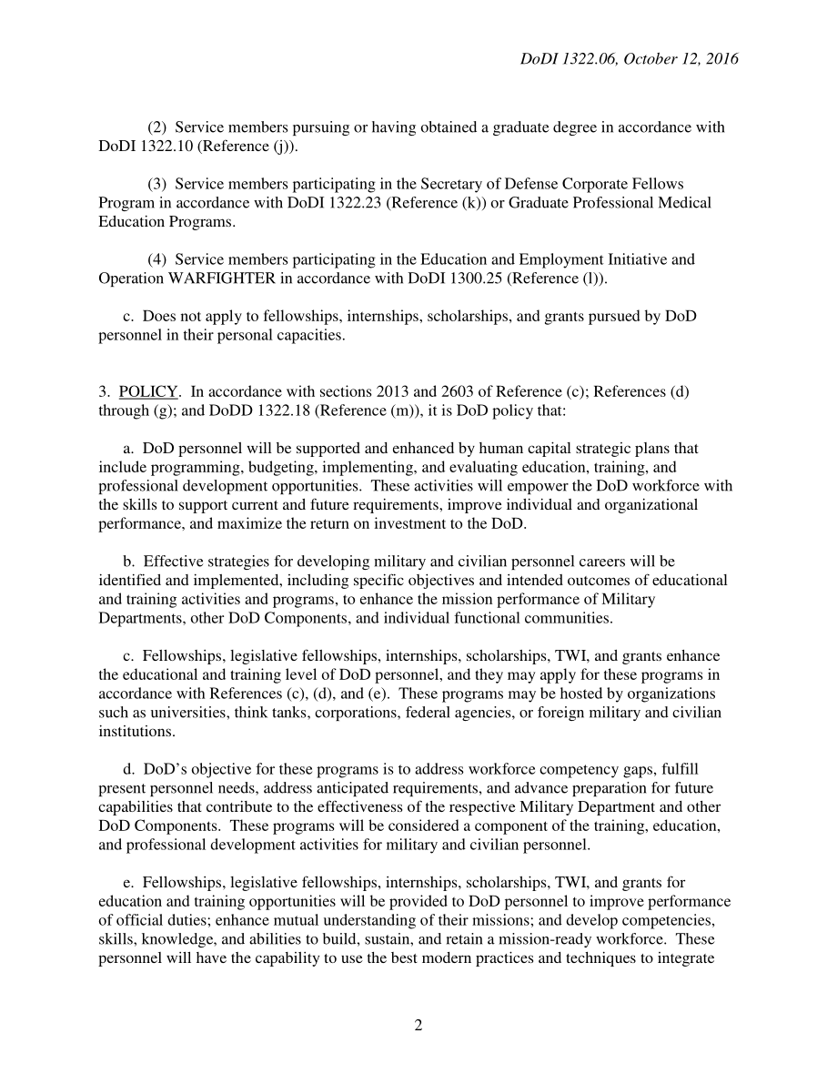 DoDI 1322.06 研究金、立法研究金、实习、奖学金、Training-With-Industry（TWI）以及为国防部或国防部人员提供的教育和培训补助金.pdf_第2页