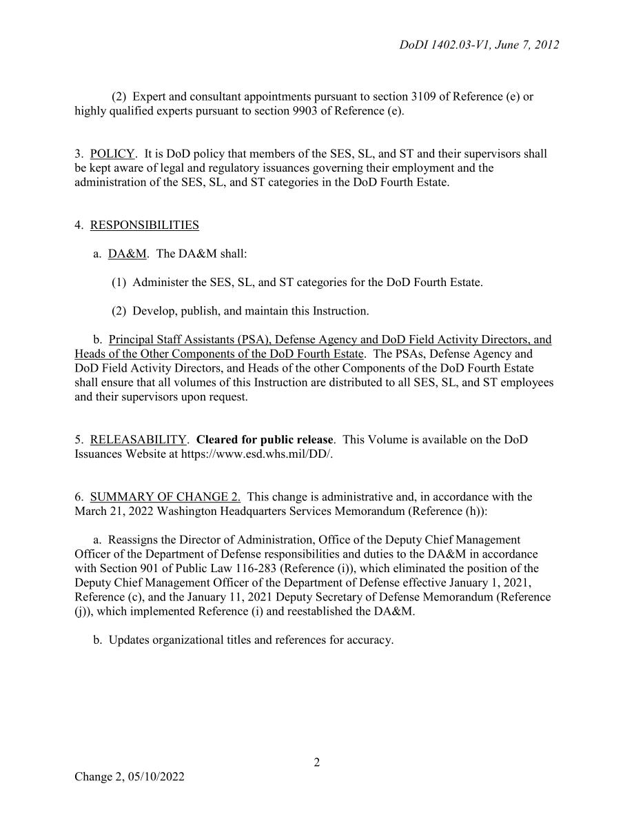 DoDI 1402.03 Volume 1 国防部第四权力部门的高级行政人员（SES）、高级人员（高级）和科学与专业人员（ST）人员类别：行政.pdf_第2页