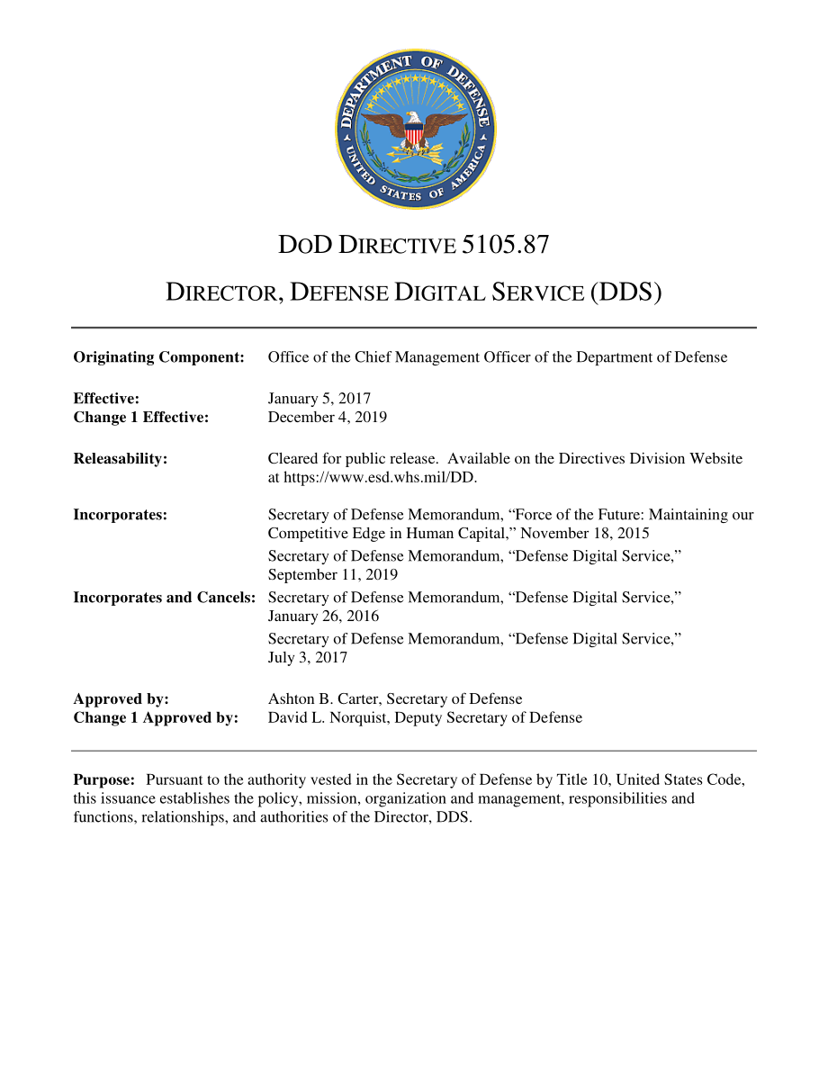 DoDD 5105.87 国防数字服务（DDS）主任.pdf_第1页