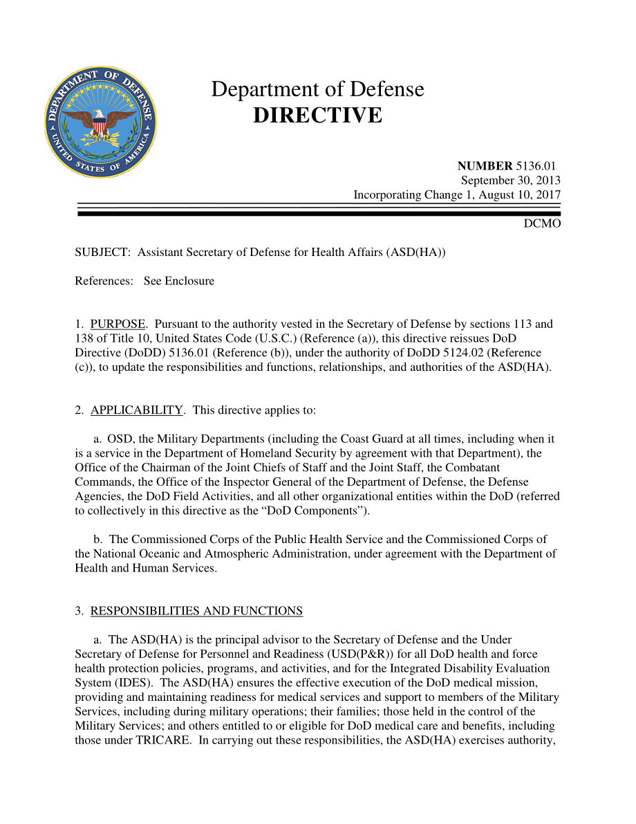 DoDD 5136.01 国防部卫生事务助理部长（ASD（HA））.pdf_第1页