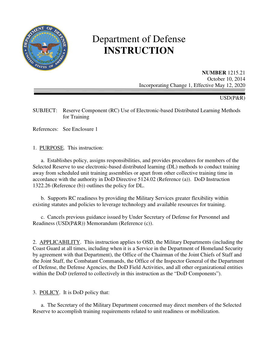 DoDI 1215.21 储备组件（RC）使用基于电子的分布式学习方法进行培训.pdf_第1页