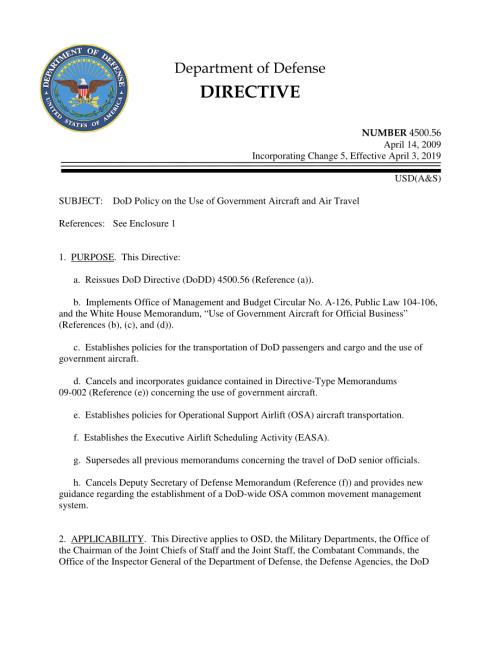 DoDD 4500.56 国防部关于使用政府飞机和航空旅行的政策.pdf