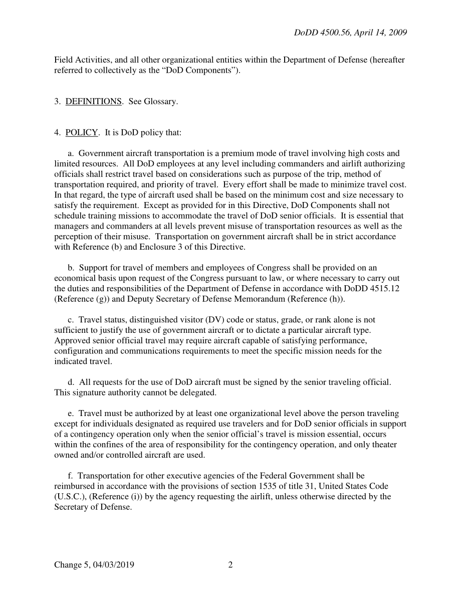 DoDD 4500.56 国防部关于使用政府飞机和航空旅行的政策.pdf_第2页