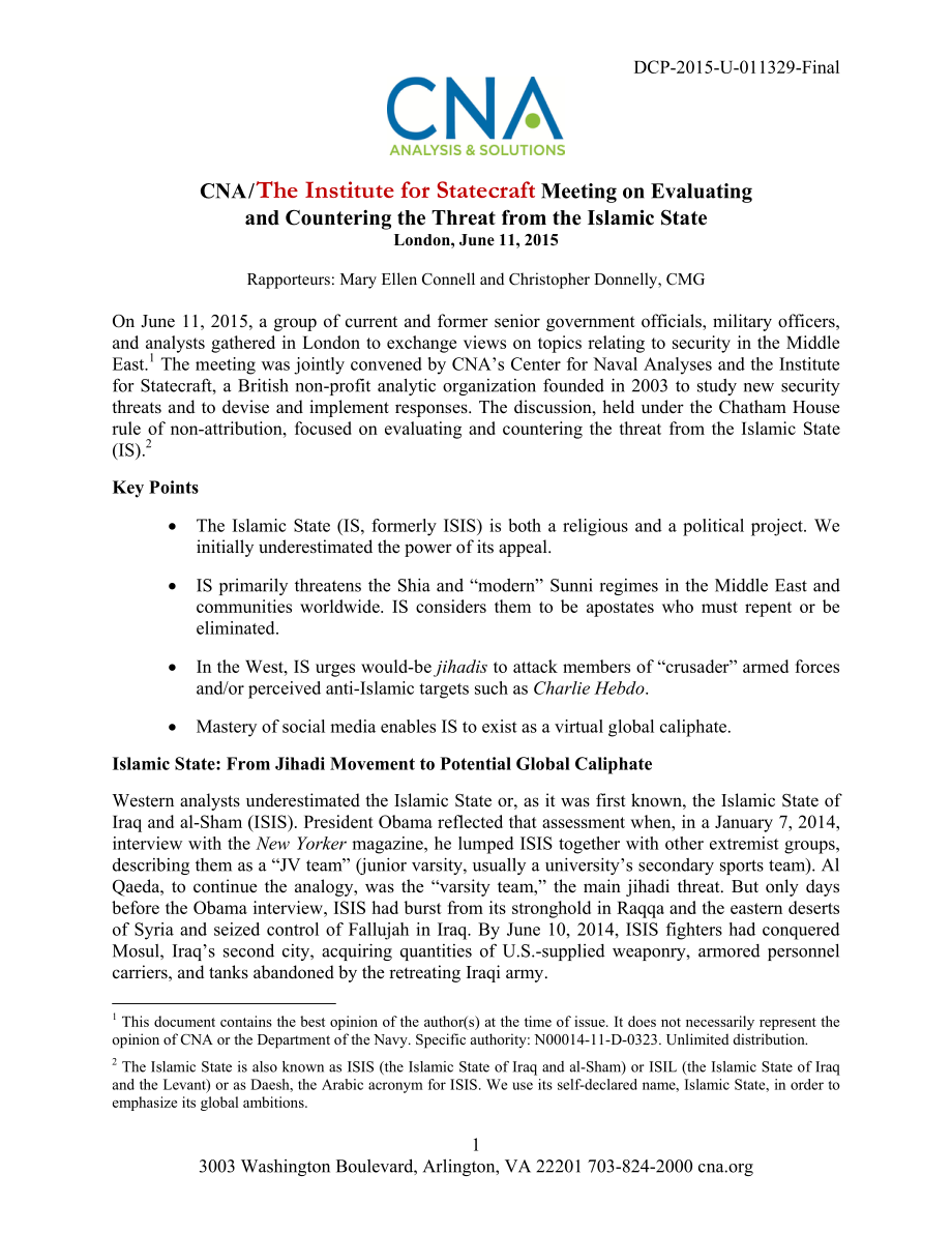 CNA_CNA 国家工艺研究所评估和应对伊斯兰国威胁会议：伦敦2015年6月11日.pdf_第1页