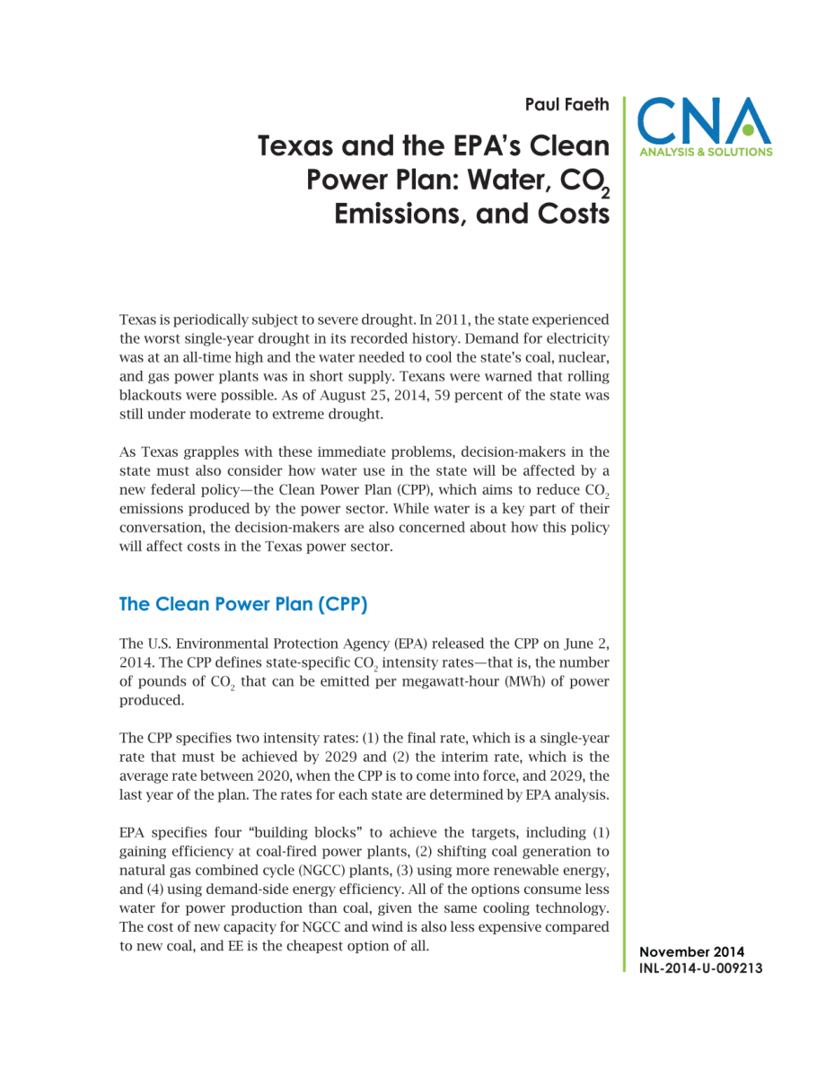 CNA_德克萨斯州和环保局的清洁能源计划：水、二氧化碳、排放和成本.pdf_第1页