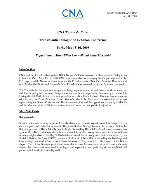 CNA_CNA 未来论坛：关于黎巴嫩问题的跨大西洋对话会议：巴黎2008年5月15日至16日.pdf