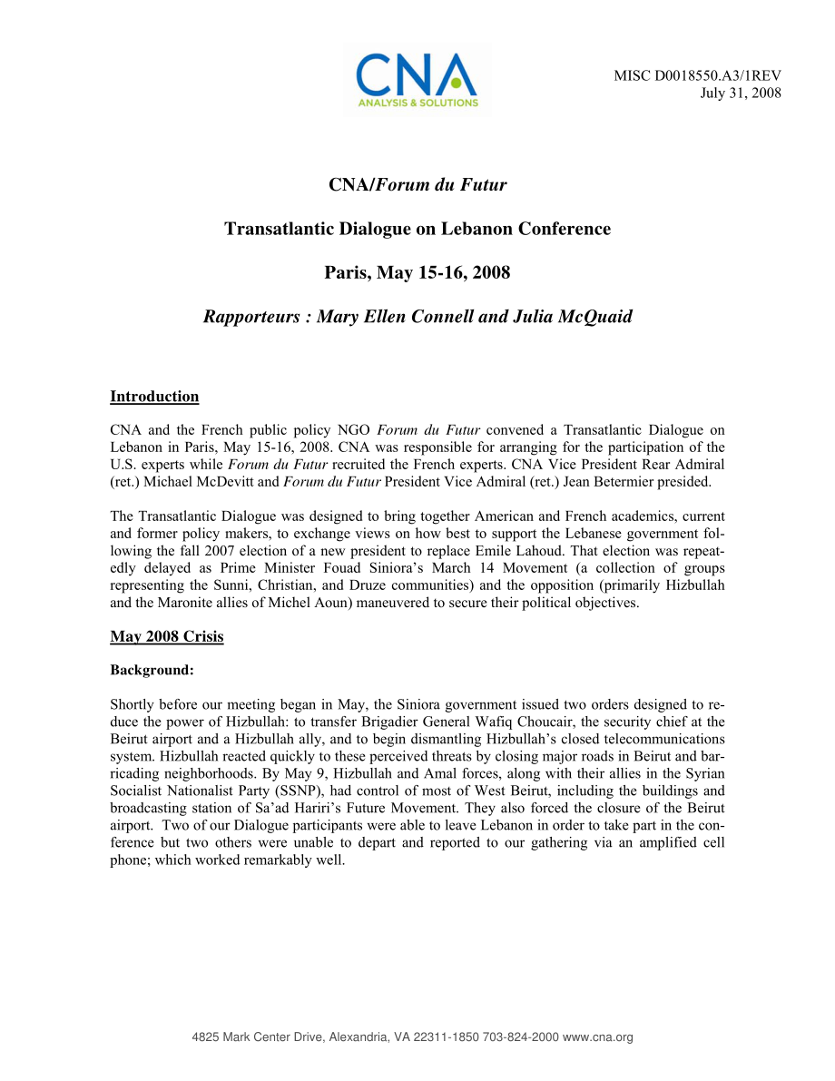 CNA_CNA 未来论坛：关于黎巴嫩问题的跨大西洋对话会议：巴黎2008年5月15日至16日.pdf_第1页