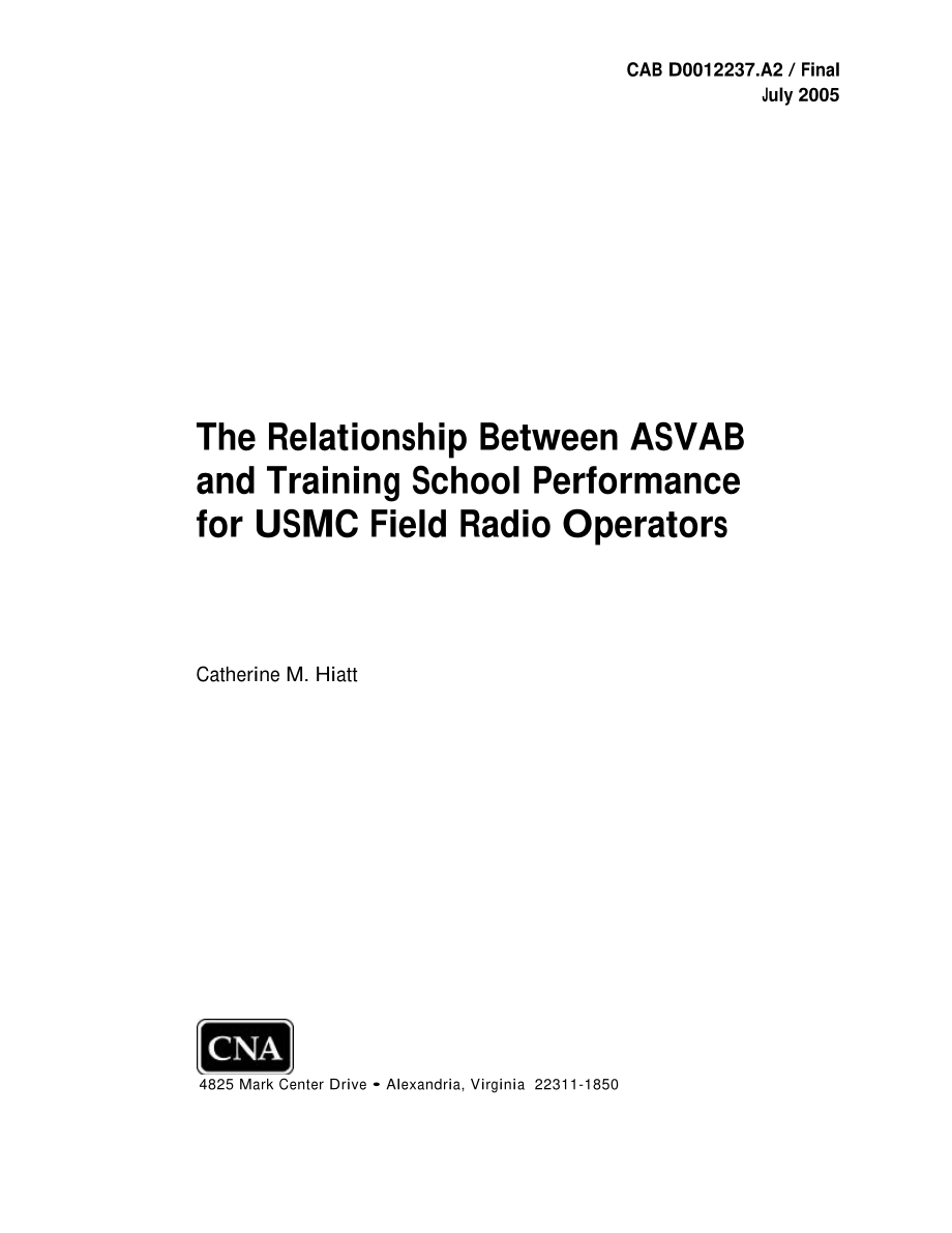 CNA_ASVAB与USMC野外无线电操作员培训学校绩效的关系.pdf_第1页