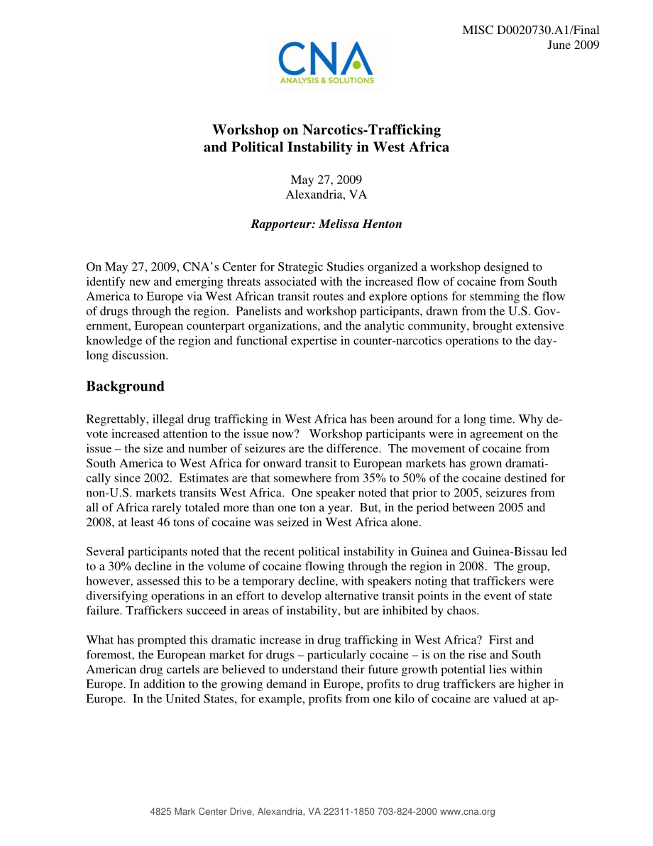 CNA_西非麻醉品贩运和政治不稳定问题讲习班.pdf_第1页