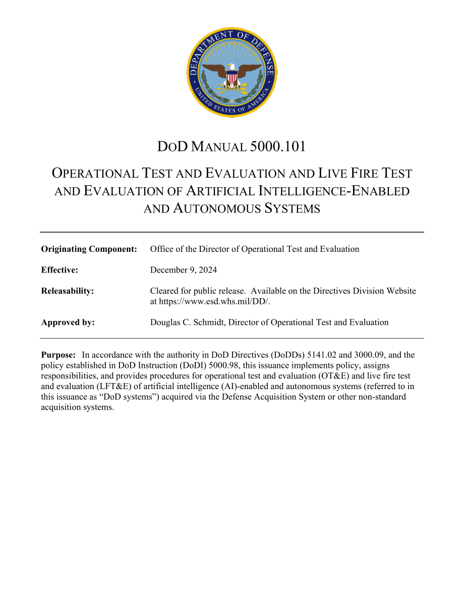 DODM 5000.101 人工智能赋能系统和自主系统的作战试验鉴定与实弹试验鉴定_第1页