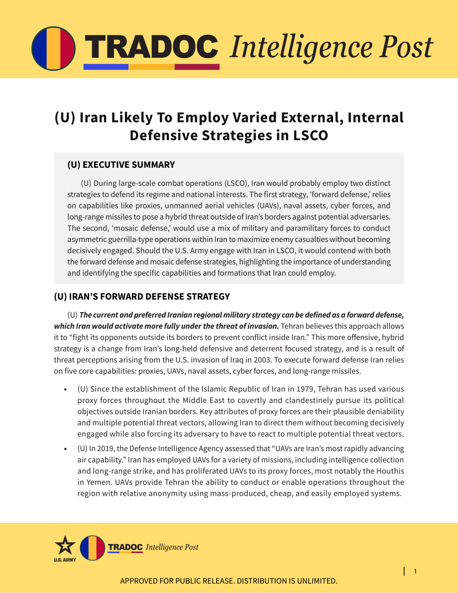 TRADOC 伊朗可能在LSCO中采用多种内外防御战略_第1页