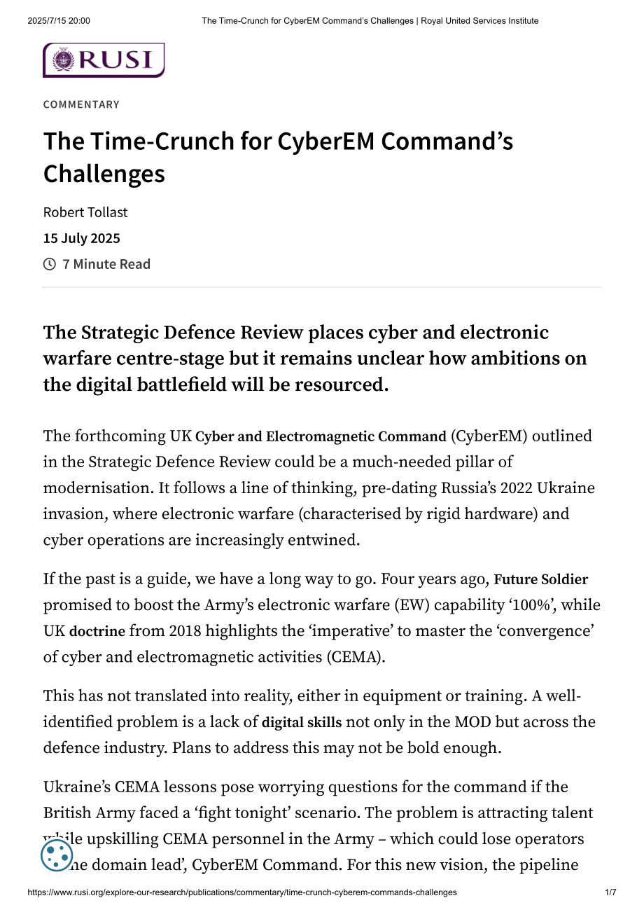 英国“CyberEM网络司令部”面临时间紧迫的挑战【RUSI】_第1页