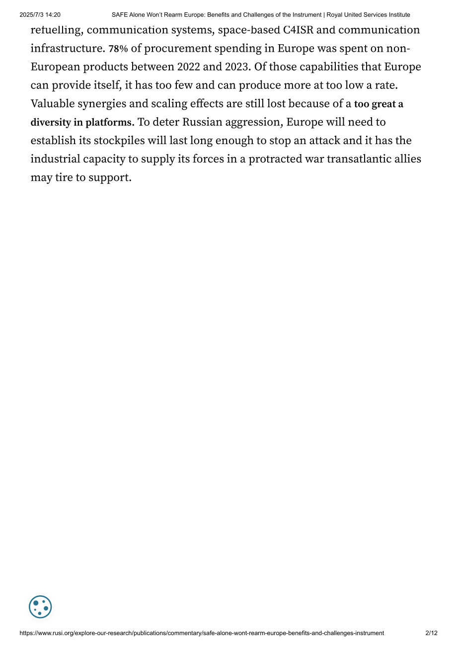 RUSI 仅靠SAFE无法重新武装欧洲：该工具的优势与挑战.pdf_第2页